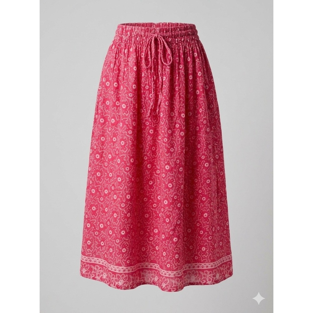 Nina Leslie Cotton Gauze Bohemian Peasant Skirt Vintage Pink White Block Print